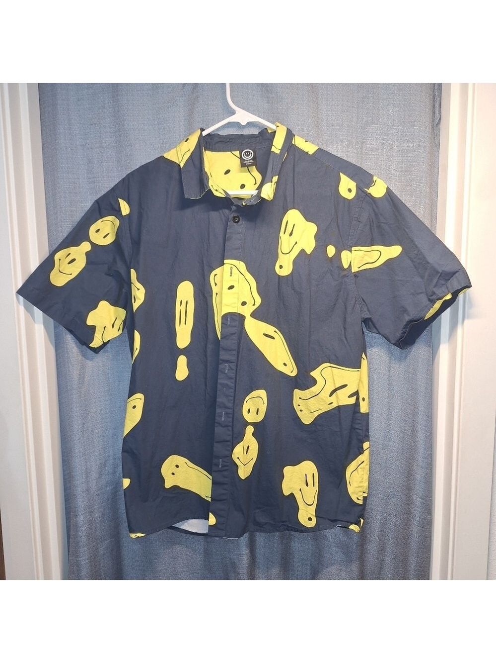 Neff Navy Yellow Drippy Smiley Face Button Down Shirt Medium